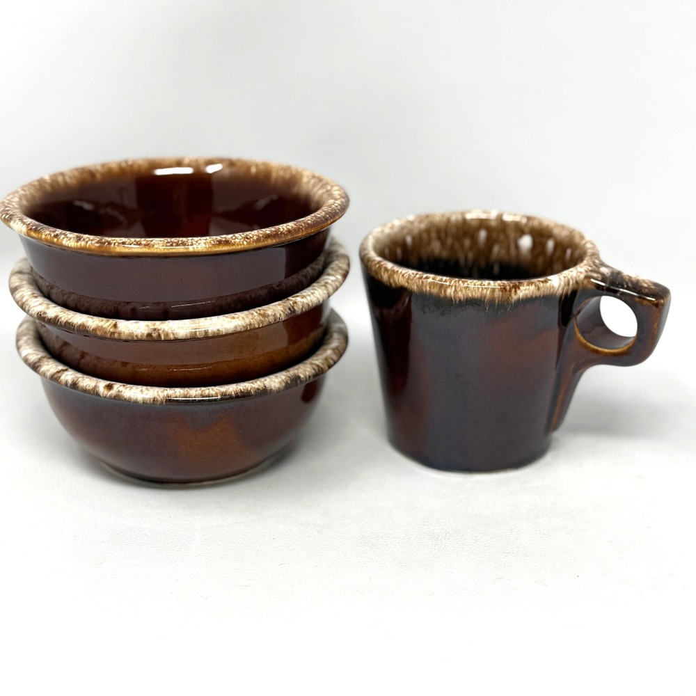 Hull Brown Drip Glaze 5 3/8" Fruit Berry Dessert Bowl Set 4 Pcs Vtg Narrow Rim